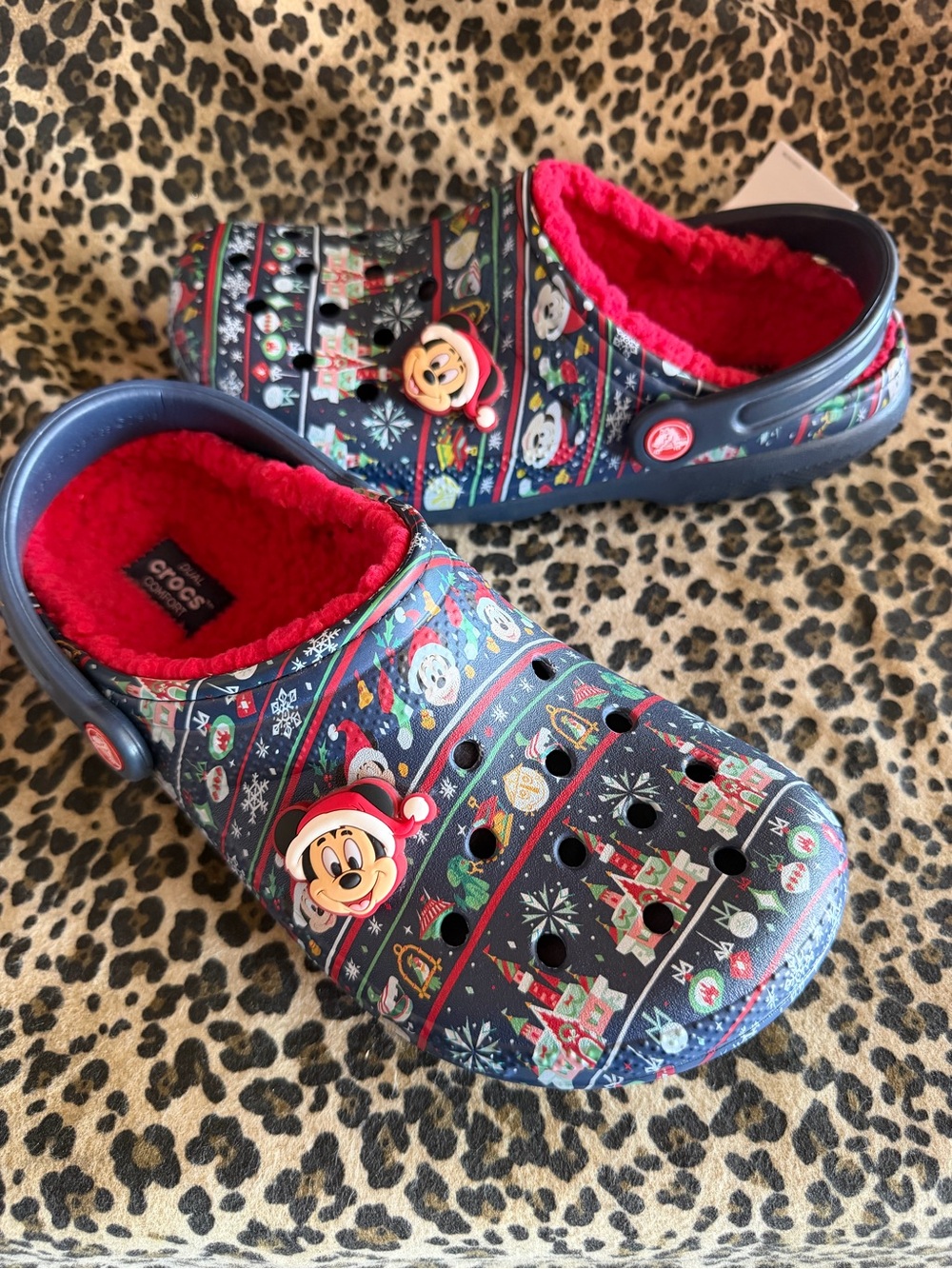 Disney holiday Crocs w/ festive pattern & Santa Mickey Mouse light up charm